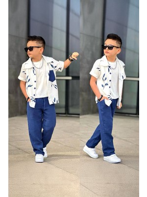 Miniğimin Cicileri Müslin Dal Desenli Cepli 3 Lü Erkek Çocuk rahat takım - Mavi