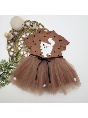 1-2-3 Yaş Payetli Kedicik Baskılı Puantiyeli Kız Bebek Elbisesi Kahverengi