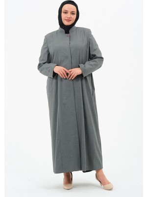 Fercan Kadın Büyük Beden Hakim Yaka Düğmeli Astarlı Anne Keten Pardesü