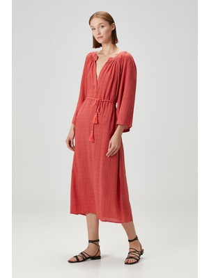 Barine Poseidon Dökümlü Uzun Elbise Kiremit Kırmızısı