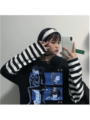Anime Death Note Shinigami Ryuk (Unisex) Siyah Beyaz Çizgili Kollu T-Shirt