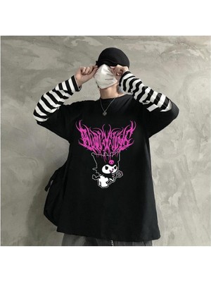 Anime   Harajuku Kuromi Sanrio Çizgili Kollu Unisex T-Shirt