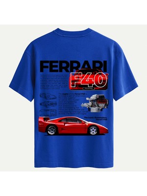 Softway Unisex Bisiklet Yaka %100 Organik Pamuklu Kalın Dokulu Ferrari F40 Baskılı Oversize T-Shirt - Saks Mavisi
