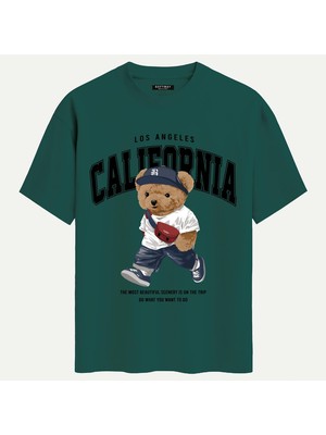 Softway Unisex Bisiklet Yaka %100 Organik Pamuklu Kalın Dokulu California Baskılı Oversize T-Shirt - Koyu Yeşil