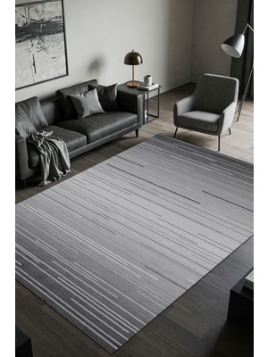 The Reef Design Çizgili Modern Desenli Siyah Gri Halı Dijital Baskılı Pamuk Dokuma Kaymaz Tabanlı Yıkanabilir  Yatak Odası Halısı