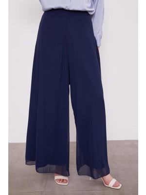 Lacivert Geniş Paçalı Şifon Pantolon