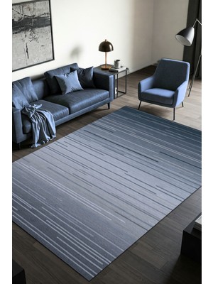 The Reef Design Çizgili Modern Desenli Mavi Halı Dijital Baskılı Pamuk Dokuma Kaymaz Tabanlı Yıkanabilir  Yatak Odası Halısı