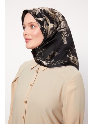 Sütlü Kahve Soyut Gül Desen Twill Ipek Eşarp