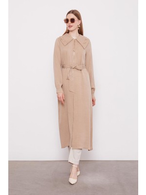 Koyu Bej Geniş Yakalı Fermuarlı Cupra Kap