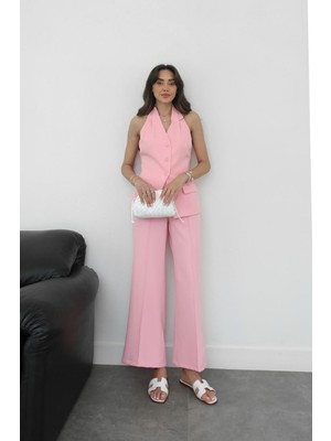 Pembe Hillary Boyundan Askılı Yelek Pantolon Takım