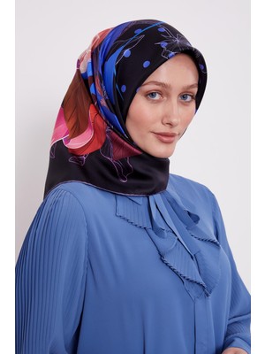 Morcivert Lotus Çiçek Desen Twill Ipek Eşarp