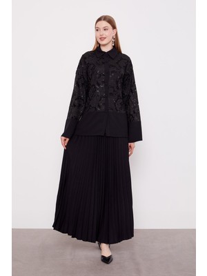 Siyah Piliseli Dantel Detaylı Üçlü Etek Takım