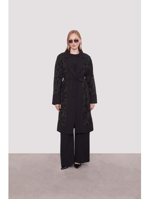 Siyah Güpür Kol Yaka Detaylı Ceket Takım