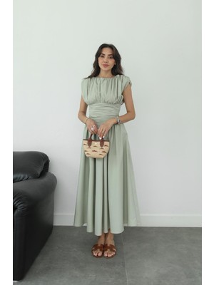 Yeşil Vintage Esintili Drapeli Elbise