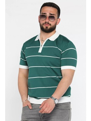 Erkek Polo Yaka Yarım Fermuarlı Çizgi Desenli Triko Tişört P-00016752
