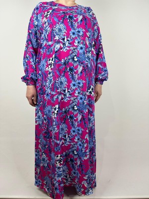 Kadın Mavi Pembe Beşgen Yaka Uzun Kollu Kol Bilek Lastikli Yazlık Viskon Uzun Elbise 2 cm Suya Çeker