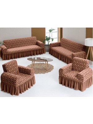 Esnek Jakarlı Kumaşlı Yıkanabilir Şal Desen 3-3-1-1 Koltuk Örtüsü