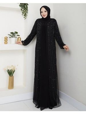 Gülperi Kadın Büyük Beden Flok Baskılı Taşlı Abaya/abiye Elbise