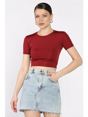 Kadın Bisiklet Yaka Likralı Crop Top Bluz P-00017184