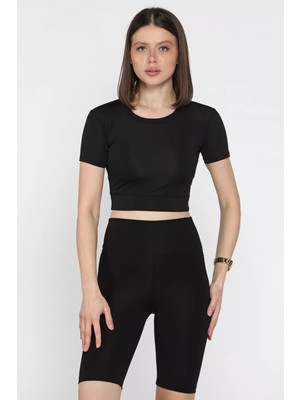 Kadın Bisiklet Yaka Likralı Crop Top Bluz P-00017184