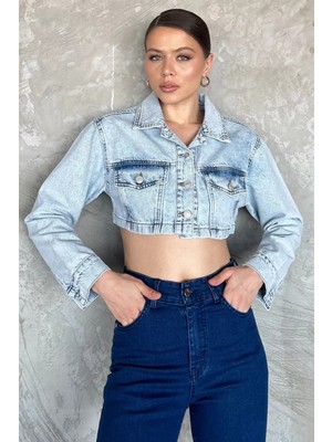 Kadın Crop Top Jean Kot Ceket P-00017199