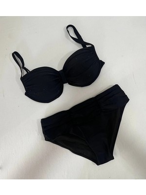 Kadın Siyah Taş Işlemeli Astarlı Büyük Beden Bikini Takımı HZL25S-LC01