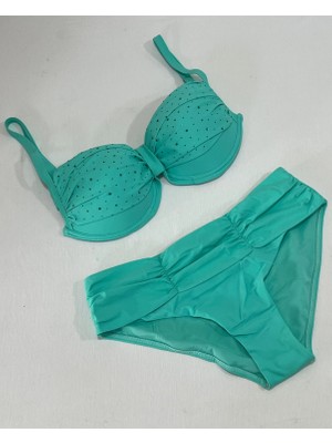Kadın Turkuaz Taş Işlemeli Astarlı Büyük Beden Bikini Takımı HZL25S-LC01