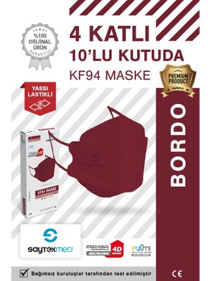 SaytekMed KF94 Kore Tipi 4 Katlı Bordo  Maske Tekli Poşet, Uv Steril (10 Adet/1 Kutu)