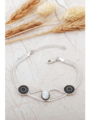 Sümer Telkari Mardin Güneşi Hasır Elişi Sedef Taşlı 925 Ayar Gümüş Bileklik 4797