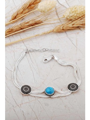 Sümer Telkari Mardin Güneşi Hasır Elişi Firuze Taşlı 925 Ayar Gümüş Bileklik 4793