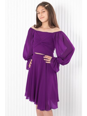 Balon Kol Şifon Abiye Elbise Mor MDV934