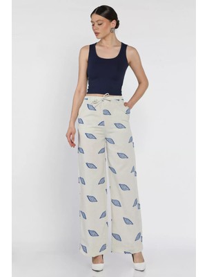 Kadın Bel Lastikli Nakışlı Yüksek Bel Keten Pantolon P-00016601