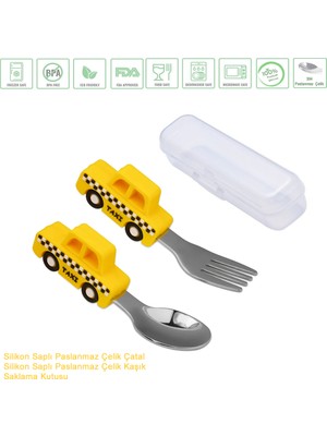 Jojobebek Sarı Renk Taksi Figürlü Premium Çocuk BPA Free Silikon Sap Paslanmaz Çelik Uçlu Çatal-Kaşık Set ve Saklama Kutusu 9+ Ay