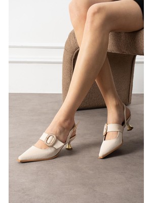 Shoetek Kianna Kadın Topuklu Ayakkabı Bantlı Tokalı Stiletto Bej