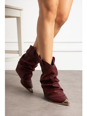 Shoetek Sasilya Kadın Kovboy Bot Körüklü  Burun Demirli Bordo Mat Deri