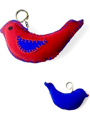 Kırmızı & Saks Mavisi Işlemeli Kuş Anahtarlık