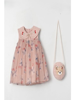 Kız Çocuk Gül Kurusu Kiraz Desenli Tütülü Ayıcık Desen Çantalı Elbise