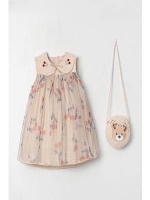 Kız Çocuk Bej Kiraz Desenli Tütülü Ayıcık Desen Çantalı Elbise