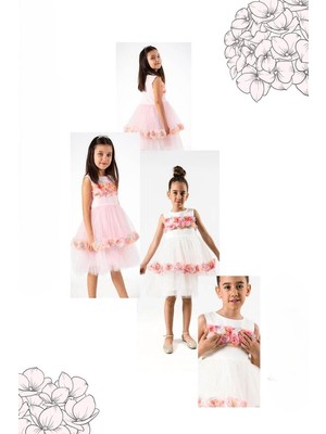 Kız Çocuk Beyaz Abiye Renkli Gül Aksesuarlı  Desenli Tüllü Elbise