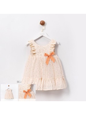 Kız Çocuk Bej Eteği Puantiye Desenli Tütülü Elbise