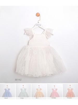 Kız Çocuk Pudra Yıldız Pul Desenli Tüllü Elbise