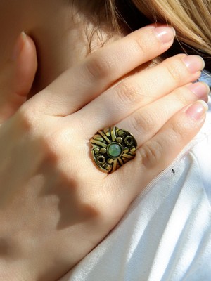 Doğal Taş Yeşil Akik Minimal Doğal Taşlı Kadın Antik Ayarlanabilir Yüzük EUY57YA