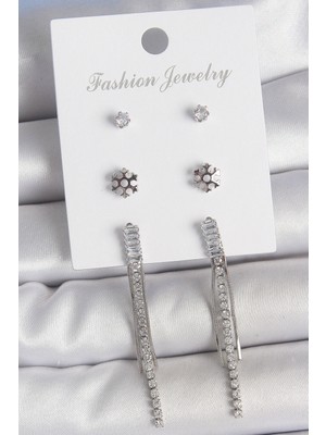 Pirinç Gold Renk Zirkon Taşlı Sallantılı Çiçek Detay 3 Çfit Kadın Küpe Seti