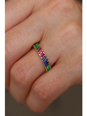 14 Ayar Altın Arpaş Renkli Baget Taş Sıralı Yüzük