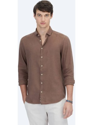Kip Kahverengi Düz Regular Fit Dokuma Casual Pamuk Karışımlı Gömlek