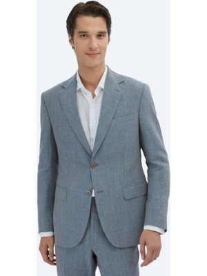 Koyu Mavi Çizgili Modern Fit %100 Keten Takım Elbise