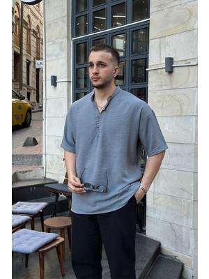 Soro Erkek Oversize Keten Görünümlü Kısa Kol Hakim Yaka Yarım Pat Gömlek