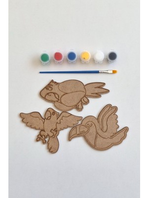 Kutaydan Boya, Eğlen, Keşfet - Çocuklar Için Eğitici Kanat Hayvanları 3 Parça Ahşap Boyama Seti