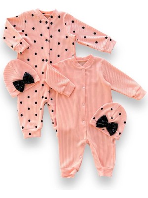 0-3 3-6 6-9 Ay Payetli Şapka Çıtçıt Kapamalı Puantiyeli ve Düz 2 Li Kombin Kız Bebek Tulumları Somon