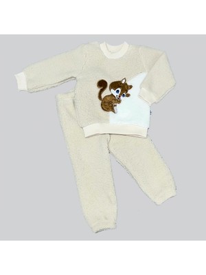 1-2-3 Yaş Masum Yavru Sincap Nakışlı Kuzu Kumaş Sweat Pantolon 2li Kız Erkek Bebek Takımı Bej